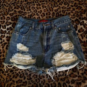Dark wash distressed jean shorts, size 2